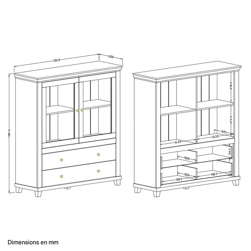 Vaisselier 2 portes 2 tiroirs Martin Beige et Bois