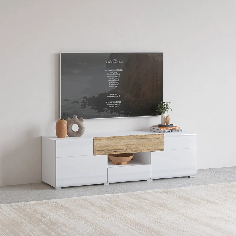 Meuble TV 2 portes 2 tiroirs 159 cm Jules Blanc et Bois