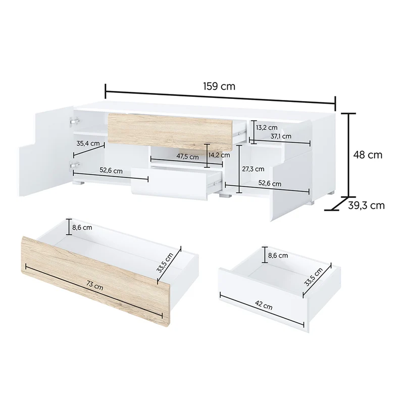 Meuble TV 2 portes 2 tiroirs 159 cm Jules Blanc et Bois