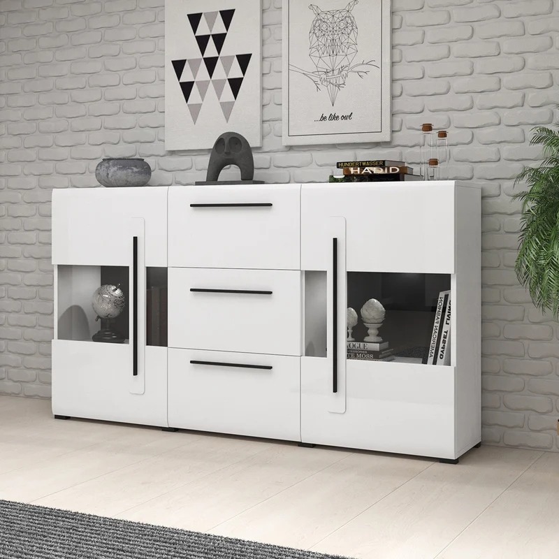 Buffet 2 portes 3 tiroirs avec LED Louis Blanc