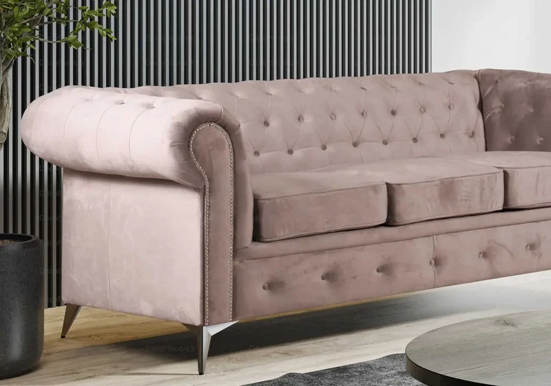 Canapé Chesterfield velours beige - Hugo