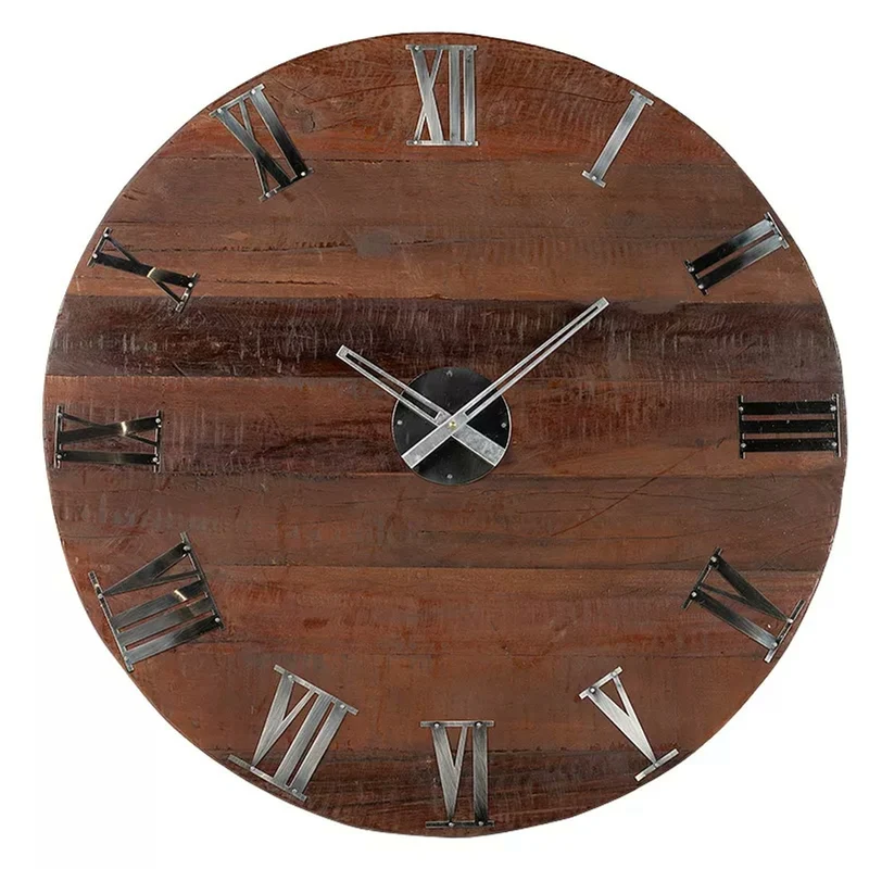 Casa Padrino Luxus Wanduhr Braun / Silber Ø 79 cm - Große runde Holz Wanduhr mit römischen Ziffern
