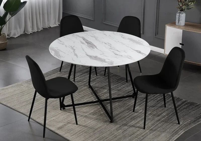 Table ronde marbre et 4 chaises noir - Gina