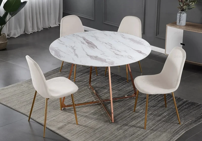Table ronde marbre et 4 chaises or rose - Gina