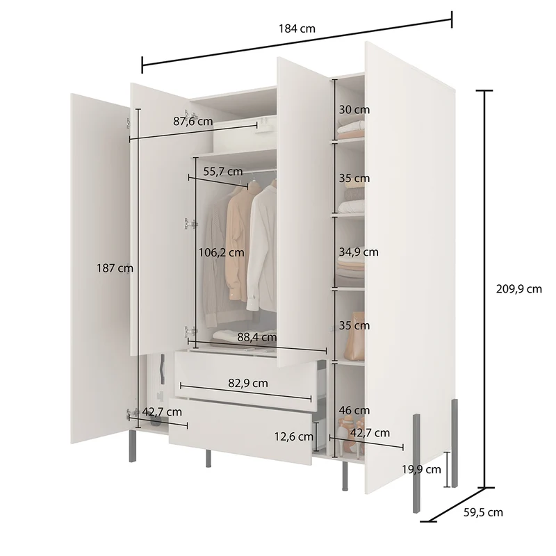 Armoire 4 portes 2 tiroirs Bérénice Cachemire