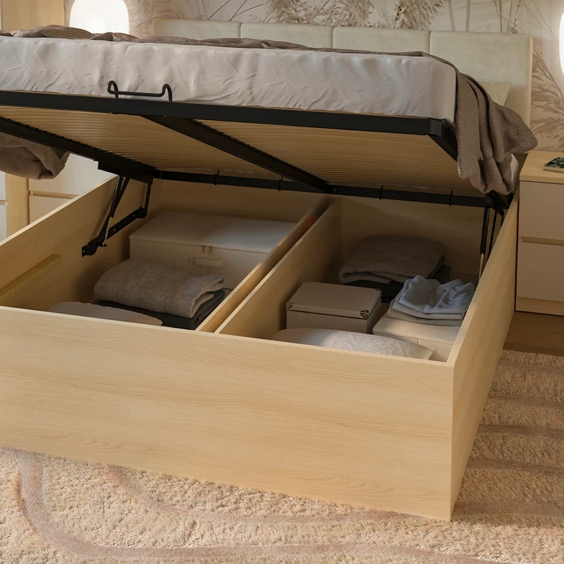 Lit coffre 160x200 sommier inclus Téana Bois et Beige