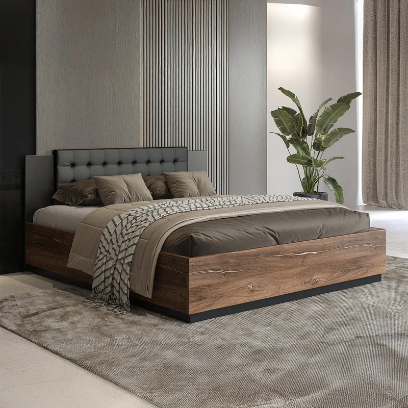 Lit coffre 160x200 sommier inclus Alec Bois foncé et Noir