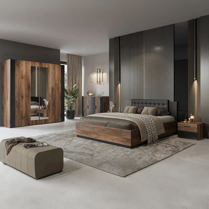 Lit coffre 140x200 sommier inclus Alec Bois foncé et Noir