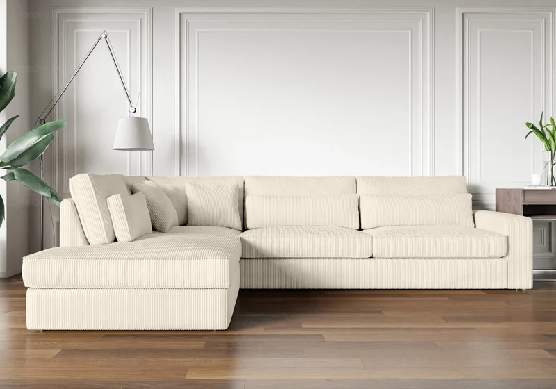 Canapé angle velours côtelé blanc beige - Lea