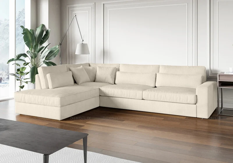 Canapé angle velours côtelé blanc beige - Lea
