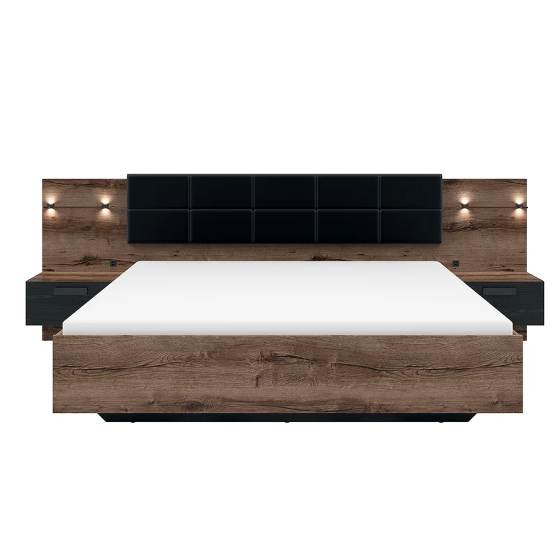 Lit coffre 180x200 sommier chevet LED et prise USB inclus Romane Bois