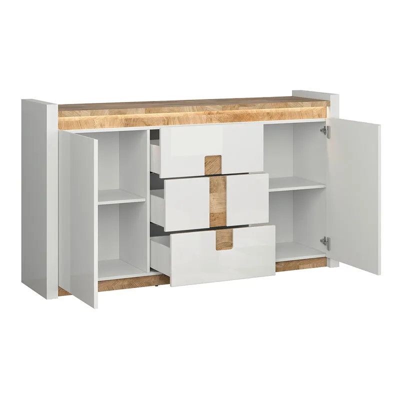 Buffet 2 portes 3 tiroirs avec LED Helios Blanc laqué et Bois
