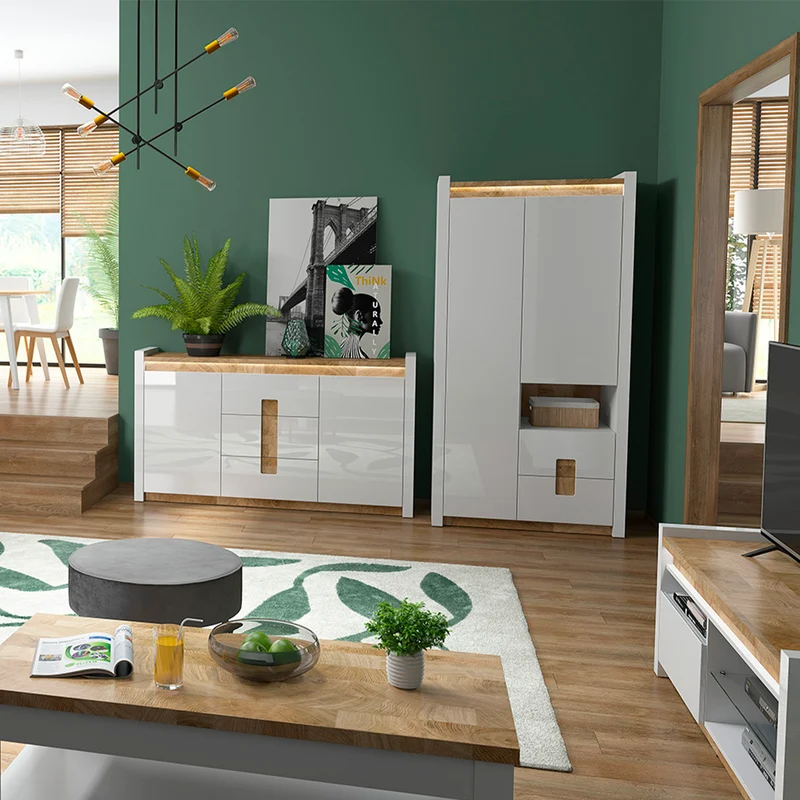 Buffet 2 portes 3 tiroirs avec LED Helios Blanc laqué et Bois