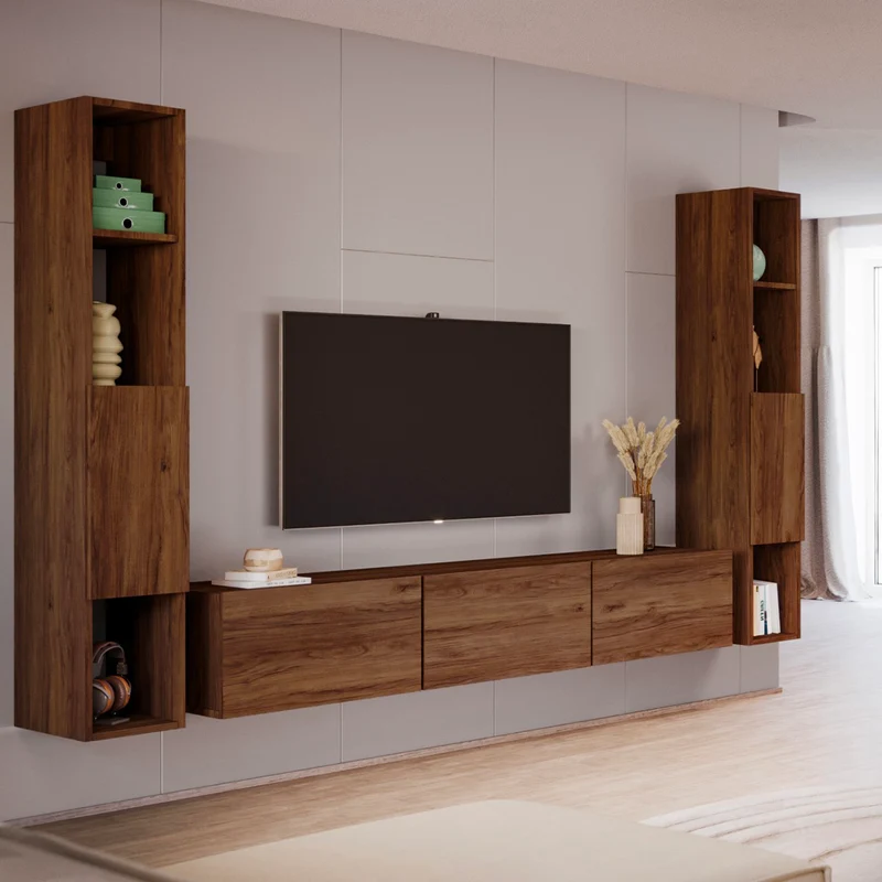 Meuble TV mural 3 portes 180 cm Idao Bois foncé