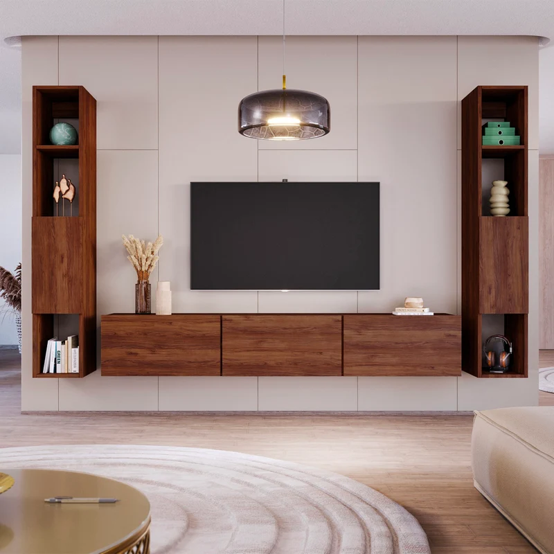 Meuble TV mural 3 portes 180 cm Idao Bois foncé