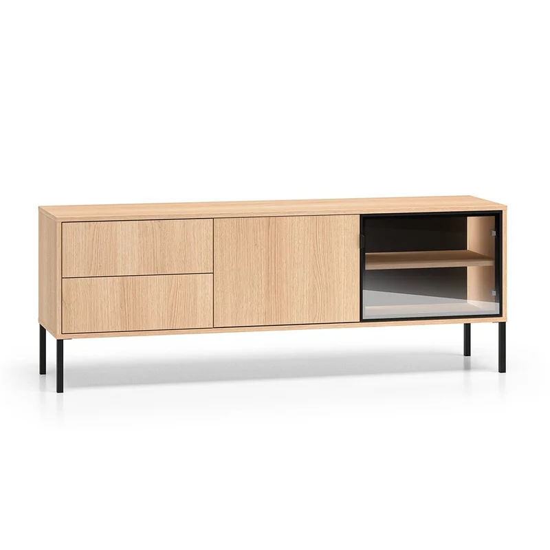 Meuble TV 2 portes 2 tiroirs 160 cm LED inclus Paige Bois et Noir