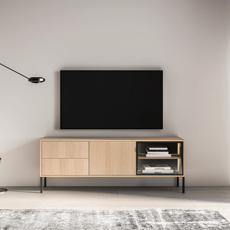 Meuble TV 2 portes 2 tiroirs 160 cm LED inclus Paige Bois et Noir