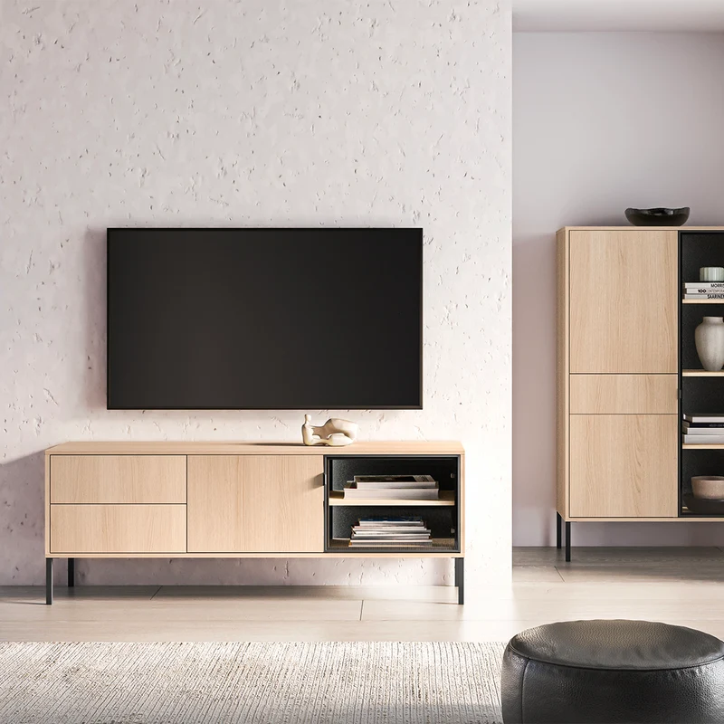 Meuble TV 2 portes 2 tiroirs 160 cm LED inclus Paige Bois et Noir