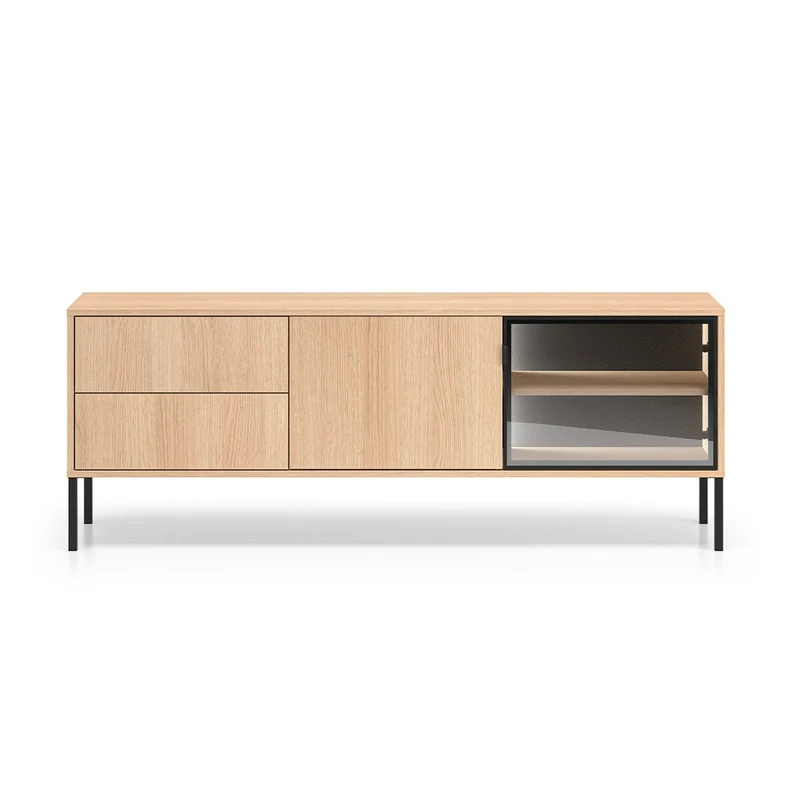 Meuble TV 2 portes 2 tiroirs 160 cm LED inclus Paige Bois et Noir