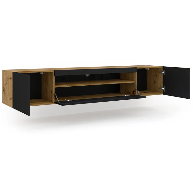 Meuble TV mural 3 portes 200 cm Aurus Noir et Bois