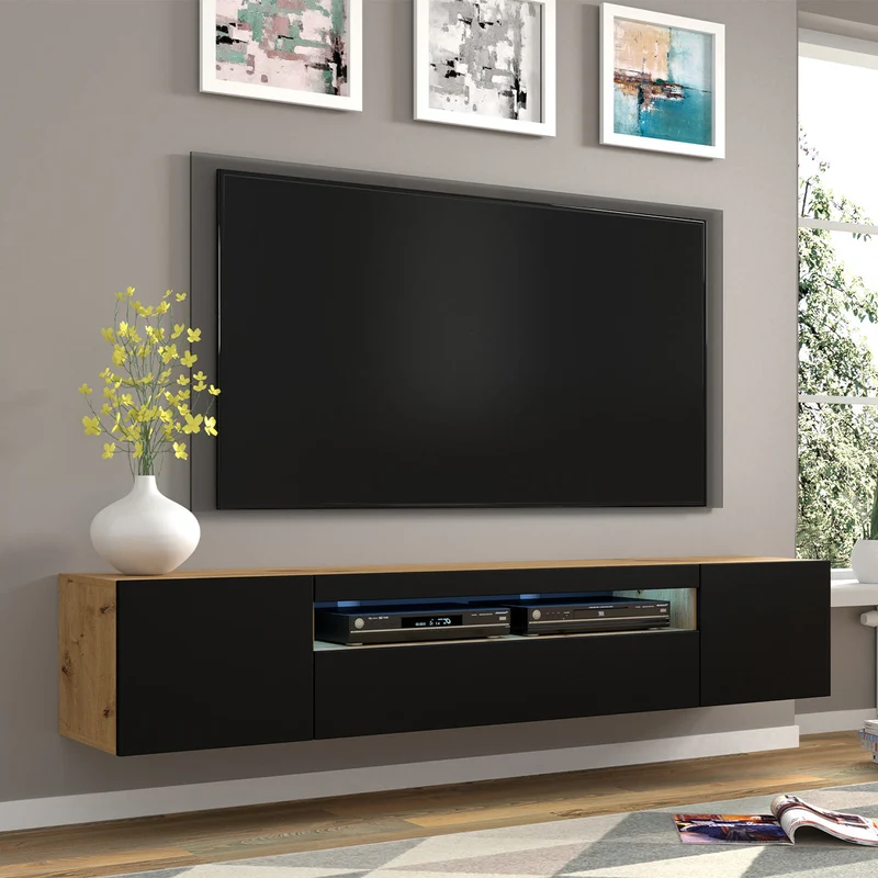 Meuble TV mural 3 portes 200 cm LED Aurus Noir et Bois