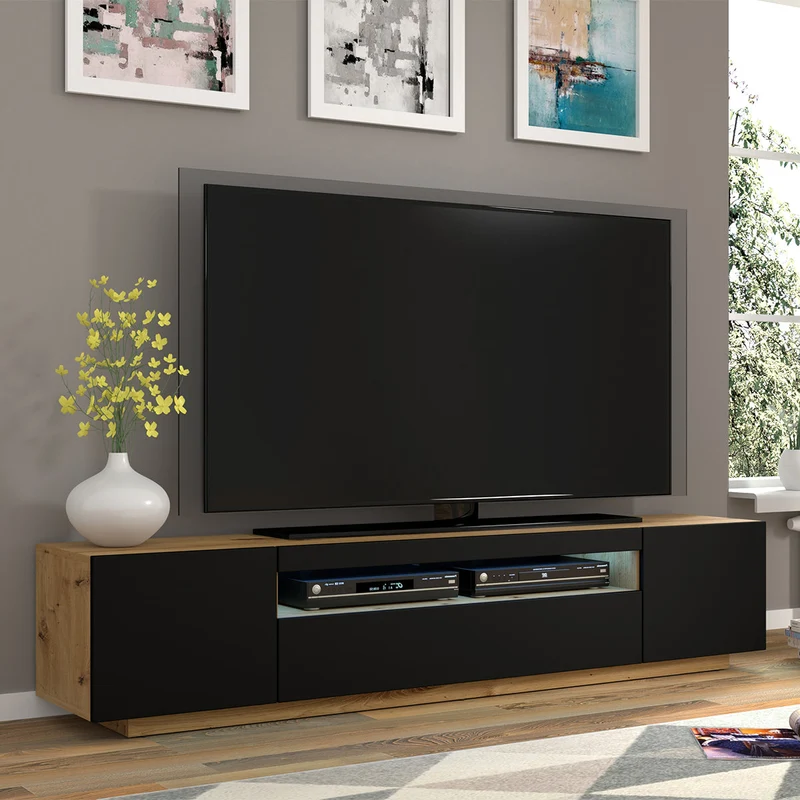 Meuble TV mural 3 portes 200 cm LED Aurus Noir et Bois