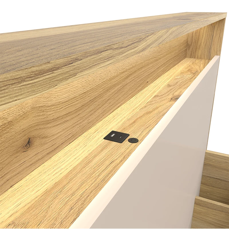 Lit coffre 160x200 sommier LED et prise USB inclus Donna Cachemire et Bois