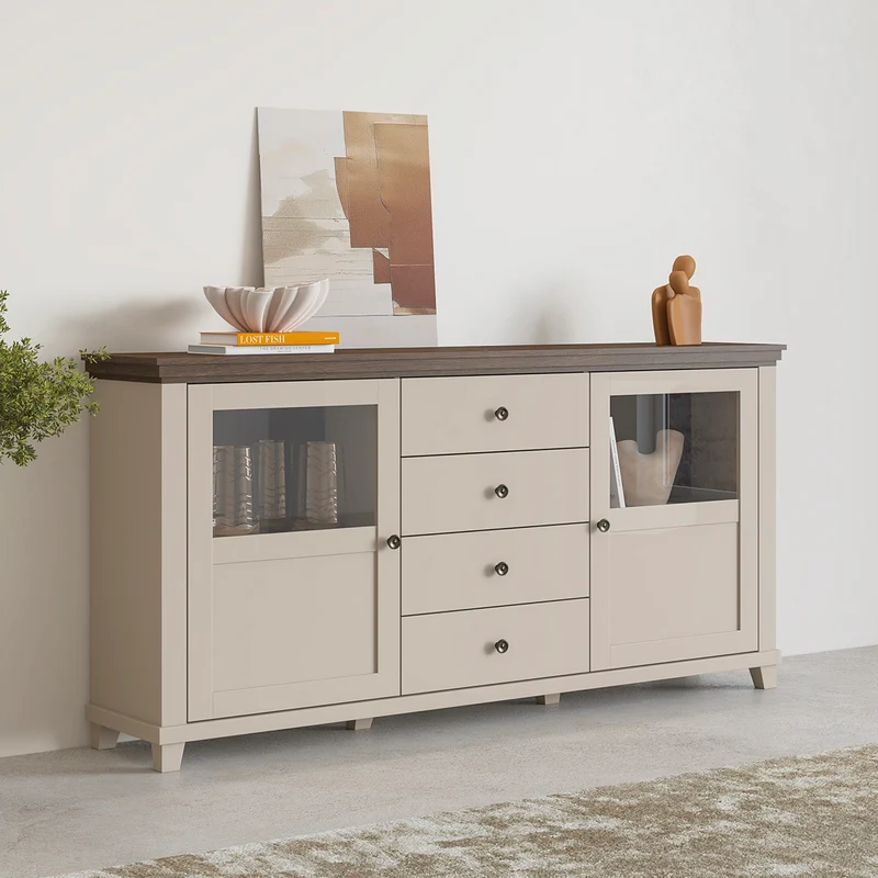 Buffet 2 portes 4 tiroirs Martin Beige et Bois