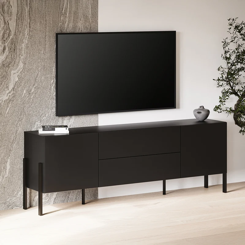 Meuble TV 2 portes 2 tiroirs 200 cm Bérénice Noir