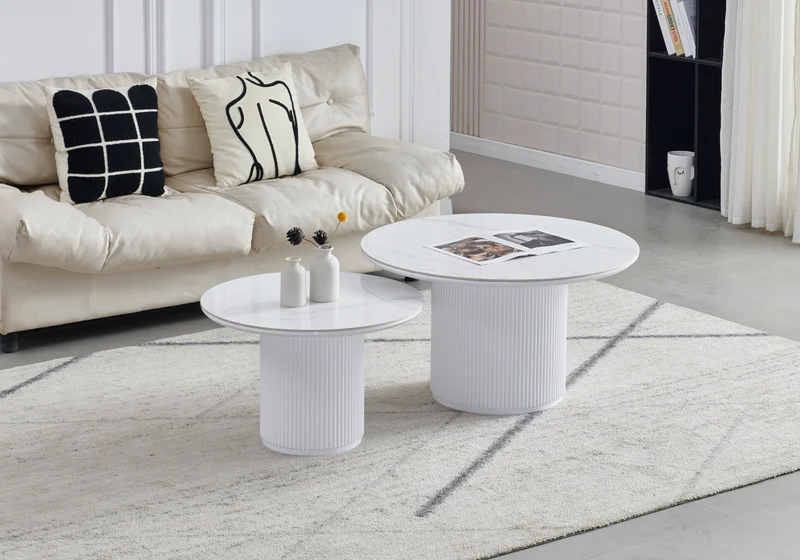 Table basse gigogne marbre blanc cannelée - Kara