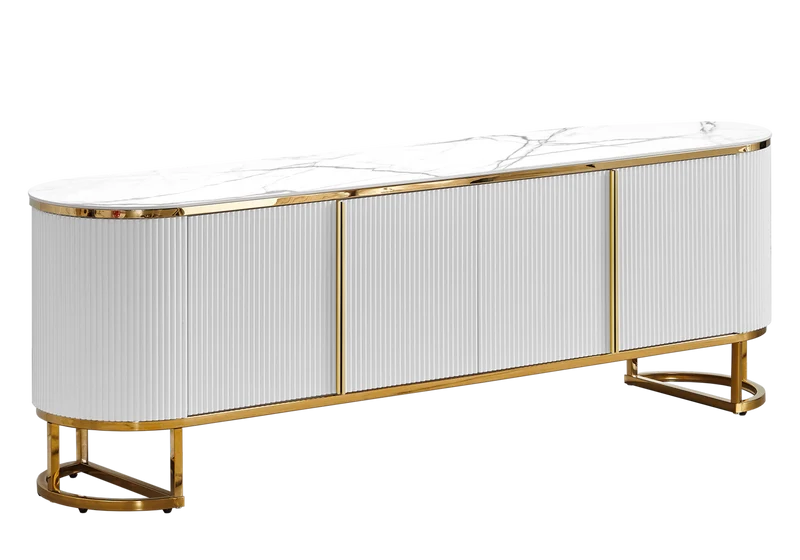 Meuble TV ovale cannelé marbre blanc doré - Nalia