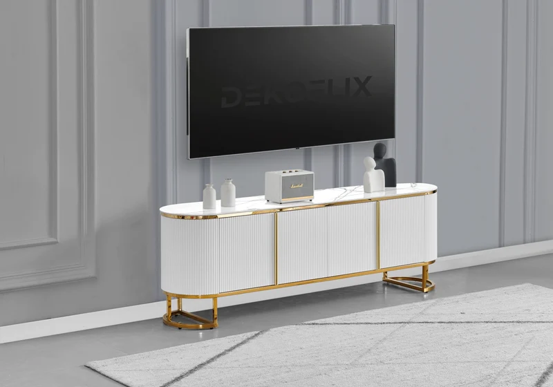 Meuble TV ovale cannelé marbre blanc doré - Nalia
