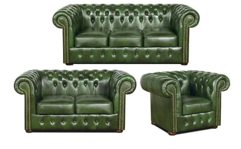 Casa Padrino Chesterfield Wohnzimmer 3er Set Grün - Luxus Echtleder Möbel