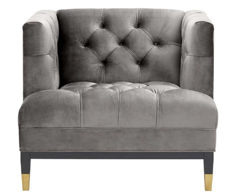 Casa Padrino Luxus Wohnzimmer Sessel Grau / Schwarz / Messingfarben 93 x 85 x H. 79 cm - Chesterfield Möbel