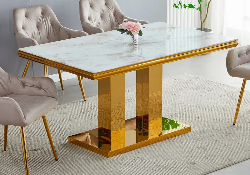 Ensemble table chaise dorée marbre beige - Versus