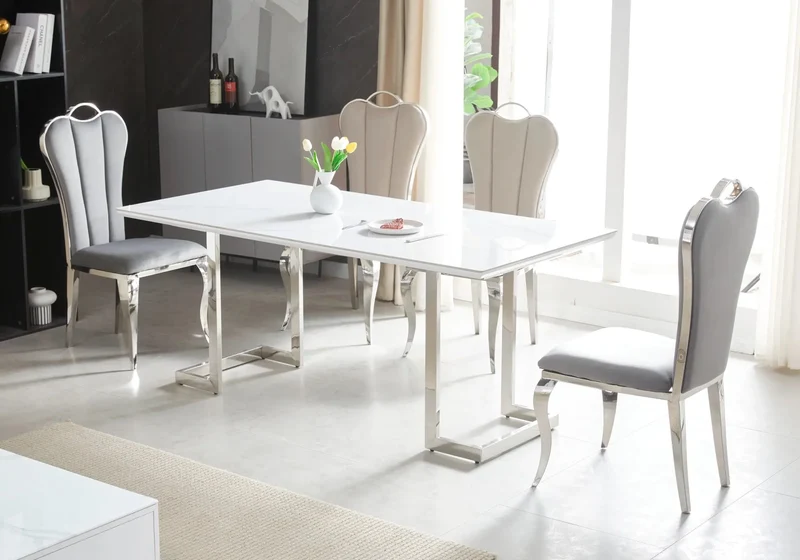 Ensemble table chaise dorée céramique marbre blanc - Odel