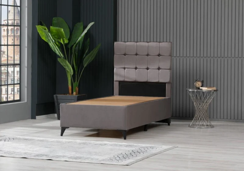 Ensemble lit coffre et matelas 1 place gris - Lore