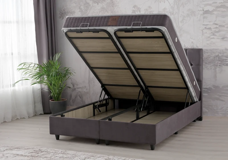 Ensemble lit coffre et matelas 2 places gris - Lore