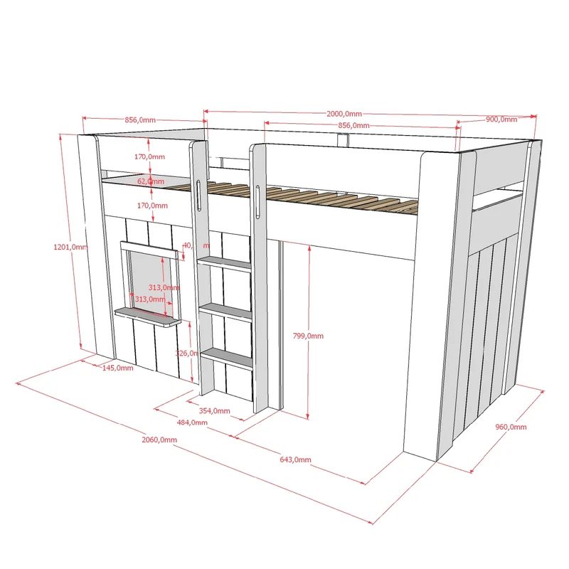 Lit cabane mi-hauteur 90x200 sommier inclus Vipack Reno Blanc