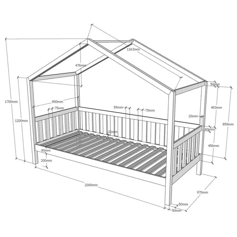 Lit cabane 90x200 sommier inclus Vipack Dallas Anthracite