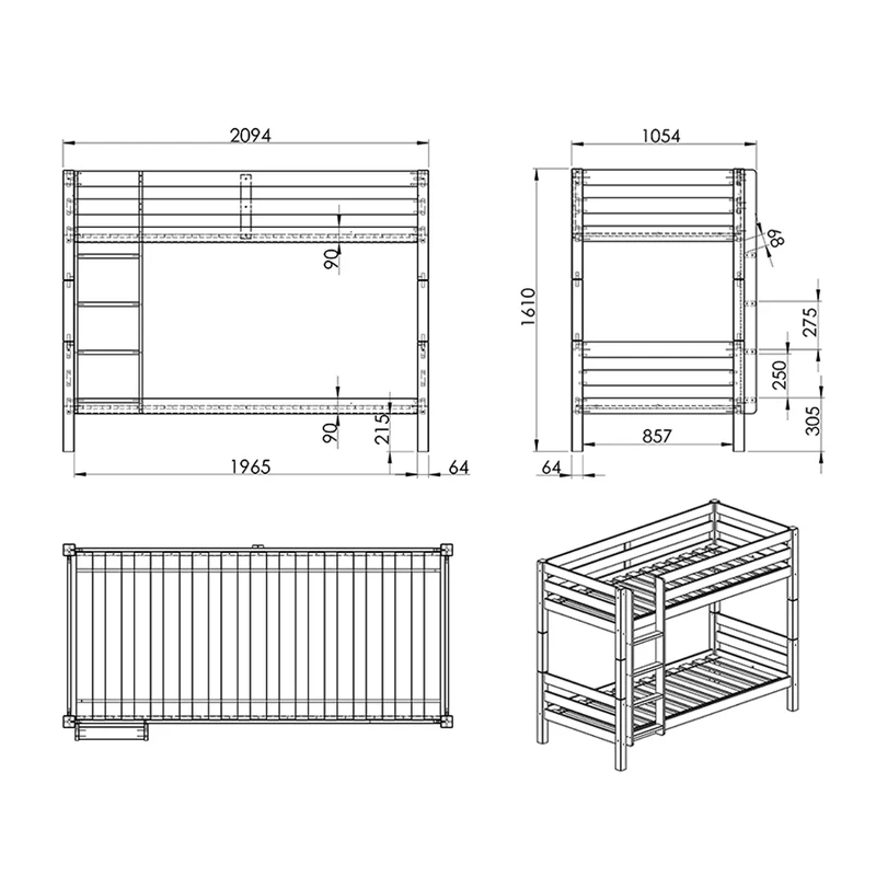 Lit Superposé 90x200 Hauteur 160 cm Sommier Inclus Vipack Pino - Bois