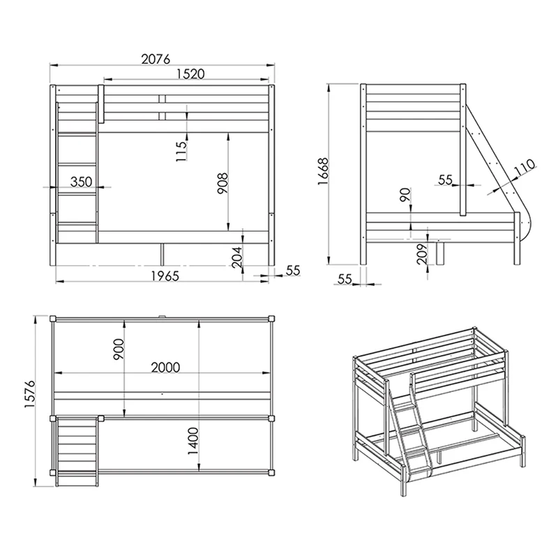 Lit Superposé 90x200 et 140x200 Sommier Inclus Vipack Pino - Bois