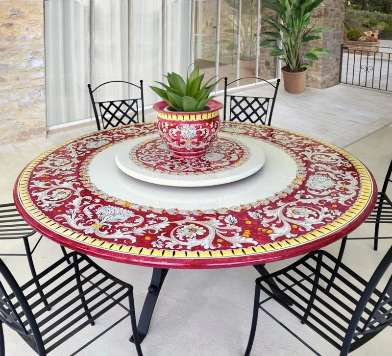 Casa Padrino Luxus Jugendstil Gartentisch Arabeske Rot Ø 180 cm - Runder Esstisch aus handbemaltem Lavastein - Gastronomie Möbel - Made in Italy