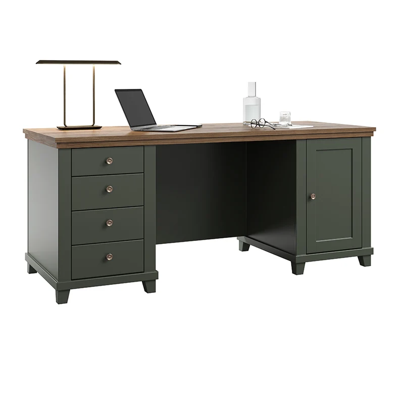 Bureau 1 porte 4 tiroirs Martin Vert et Bois