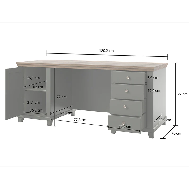 Bureau 1 porte 4 tiroirs Martin Vert et Bois