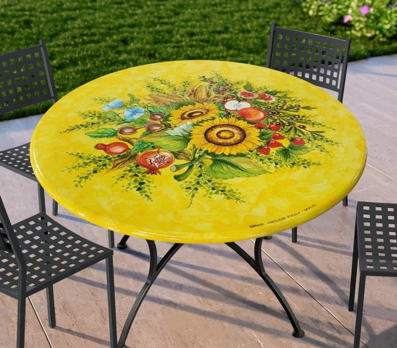 Casa Padrino Luxus Jugendstil Gartentisch Sonnenblumen Ø 100 cm - Runder Esstisch aus handbemaltem Lavastein - Gastronomie Möbel - Made in Italy