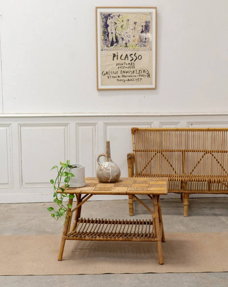 Léonie, la table basse vintage en marqueterie de rotin N°1050