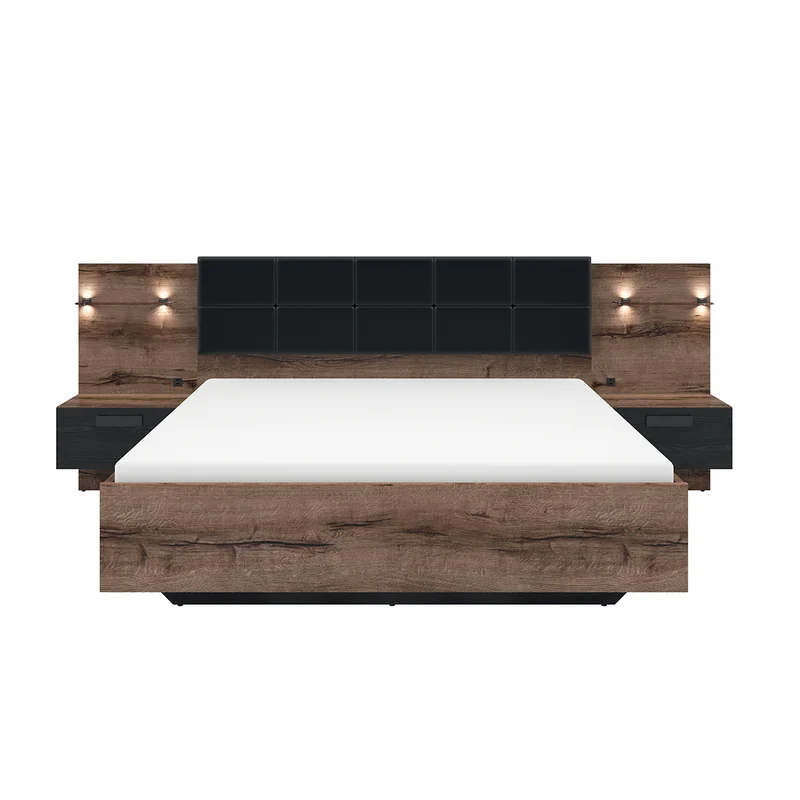 Lit coffre 160x200 sommier chevet LED et prise USB inclus Romane Bois