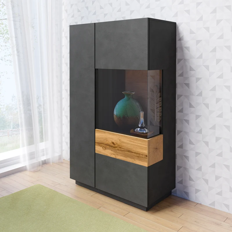 Vaisselier 2 portes ouverture droite Andrea Gris anthracite et Bois