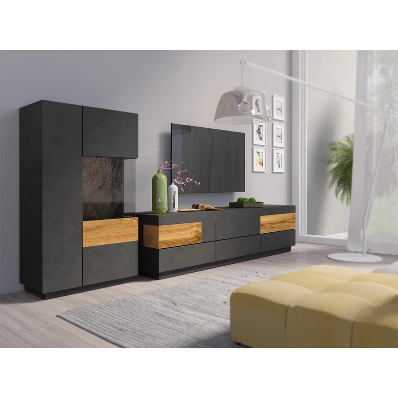 Vaisselier 2 portes ouverture droite Andrea Gris anthracite et Bois